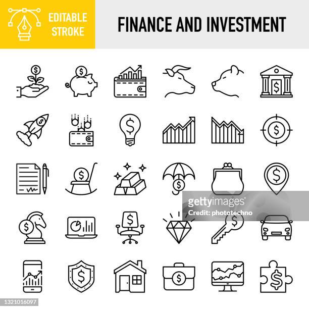 finance and investment icons collection - thin line vector icon set. pixel perfect. editable stroke. for mobile and web. the set contains icons: finance, saving money, bank, banking, capital, financial control, money  management, investment - business solutions stock illustrations