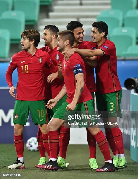 Goncalo Ramos of Portugal celebrates with team mates after scoring their side's third goal during the 2021 UEFA European Under-21 Championship...