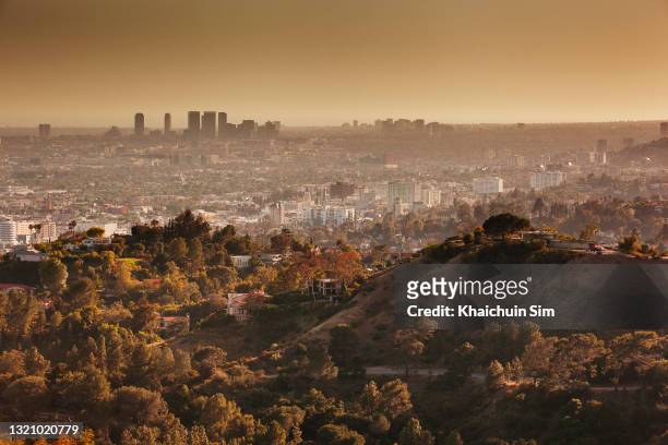 view of downtown los angeles city from griffith observatory - los angeles stock-fotos und bilder