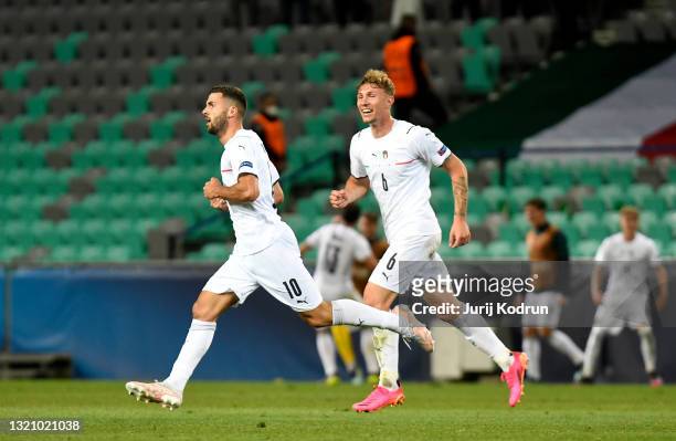 Patrick Cutrone of Italy celebrates after scoring their side's third goal during the 2021 UEFA European Under-21 Championship Quarter-finals match...