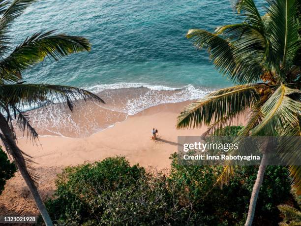 young couple standing on a sand beach among turquoise water and palm trees in sri lanka - flitterwochen stock-fotos und bilder