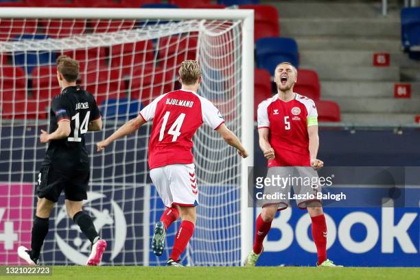 Victor Nelsson of Denmark celebrates after scoring their side's second goal during the 2021 UEFA European Under-21 Championship Quarter-finals match...
