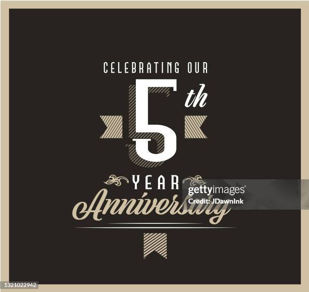 retro and vintage 5 year anniversary label design on black background - 5 year anniversary card stock illustrations