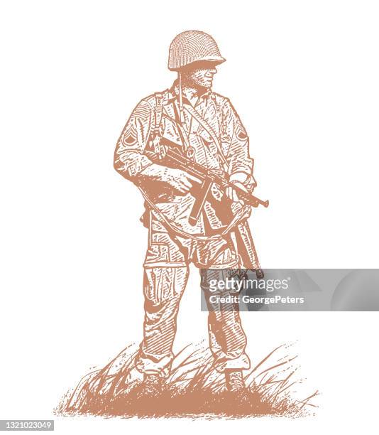 wwii soldat am omaha beach - d day stock-grafiken, -clipart, -cartoons und -symbole