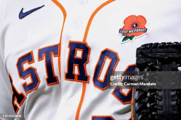 Memorial Day decal is seen on the jersey of Kyle Tucker of the Houston Astros during the fourth inning against the Boston Red Sox at Minute Maid Park...