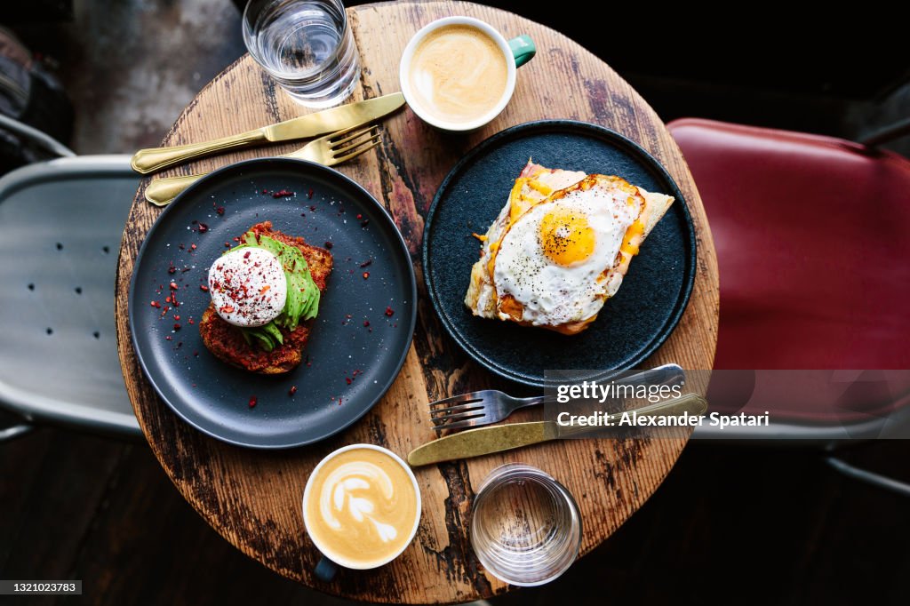 Breakfast at the cafe, high angle view