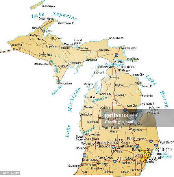 a detailed map of michigan america - michigan stock illustrations