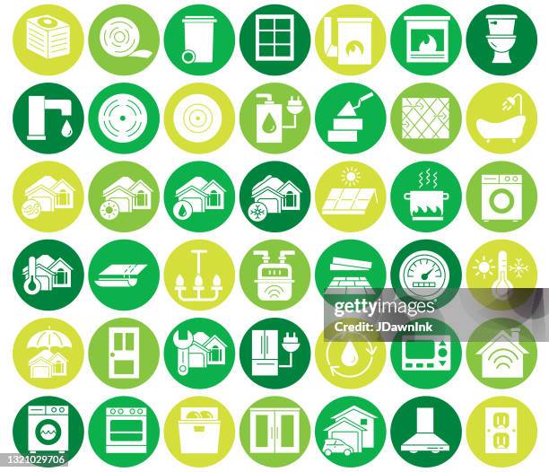 home efficiency icon circle set in white color on different colors of green color - home improvement icons stock illustrations