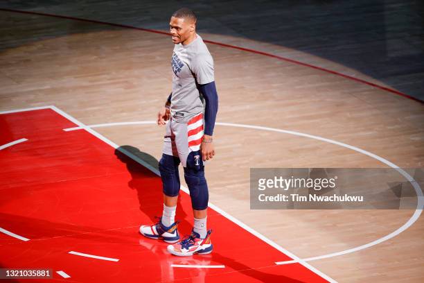 Russell Westbrook of the Washington Wizards is introduced before playing against the Philadelphia 76ers during Game Four of the Eastern Conference...