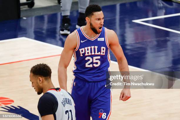 Ben Simmons of the Philadelphia 76ers celebrates during the first quarter against the Washington Wizards during Game Four of the Eastern Conference...