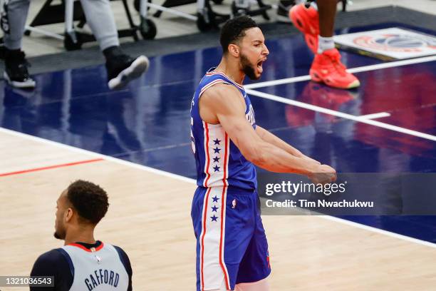 Ben Simmons of the Philadelphia 76ers celebrates during the first quarter against the Washington Wizards during Game Four of the Eastern Conference...