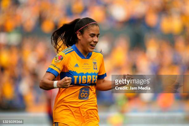 Lizbeth Ovalle of Tigres celebrates after scoring the second goal of his team during the Final second leg match between Tigres UANL and Chivas as...