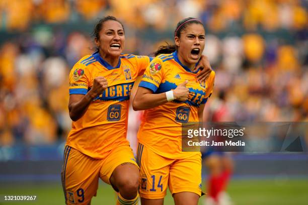 Sandra Mayor and Lizbeth Ovalle of Tigres celebrate after the second goal of his team during the Final second leg match between Tigres UANL and...