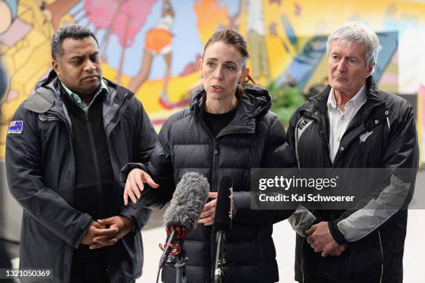Acting Minister for Emergency Management Kris Faafoi, Prime Minister Jacinda Ardern and Minister for Agriculture Damien O’Connor speak to the media...