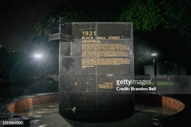 Black Wall Street Memorial is shown in the Greenwood district during commemorations of the 100th anniversary of the Tulsa Race Massacre on May 31,...