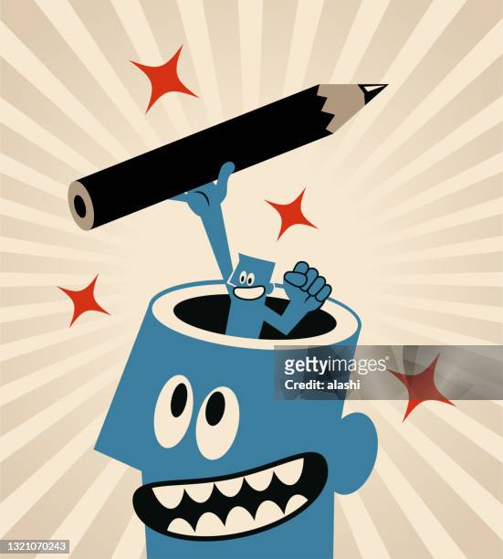 smiling small man turning up from a giant man's open head and holding a big pencil, the power of writing, smiling writer (editor, translator) lives by his pen - content stock illustrations