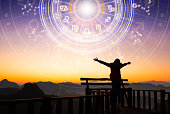 Woman raising hands looking at the sky. Astrological wheel projection, choose a zodiac sign. Trust horoscope future predictions, consulting stars. Power of universe, astrology esoteric concept.