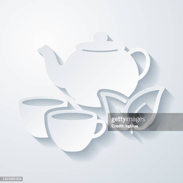 teapot and cup. icon with paper cut effect on blank background - green tea white background stock illustrations
