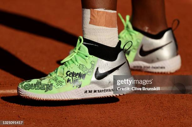 Detailed view of the shoes Serena Williams of the United States as she practices on day two of the 2021 French Open at Roland Garros on May 31, 2021...