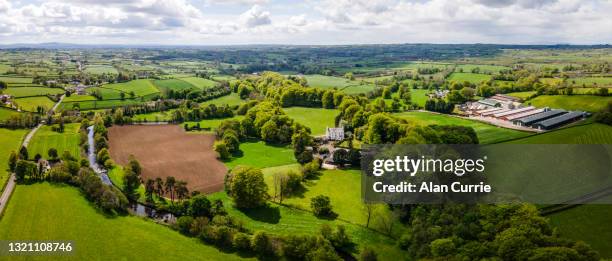 aerial view of the river maine in the county antrim countryside, northern ireland - ireland aerial stock pictures, royalty-free photos & images