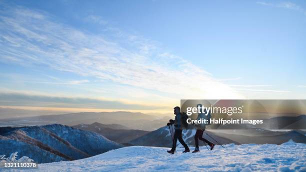 side view of couple hiking in winter nature at dusk, using poles. - steigeisen stock-fotos und bilder