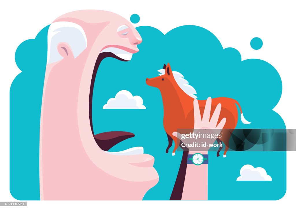 Senior man eating horse