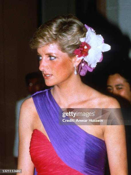 Diana, Princess of Wales, wearing a red and purple chiffon evening dress designed by Catherine Walker with silk flowers in her hair, attends a dinner...