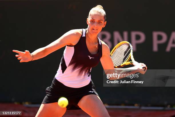 Kristyna Pliskova of The Czech Republic plays a forehand in their ladies first round match against Barbora Krejcikova of The Czech Republic during...