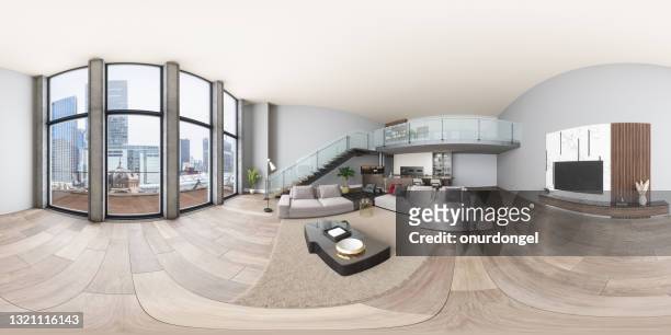 360 equirectangular panorama-interieur der modernen villa mit wohnzimmer, küche und treppe - 360vr stock-fotos und bilder