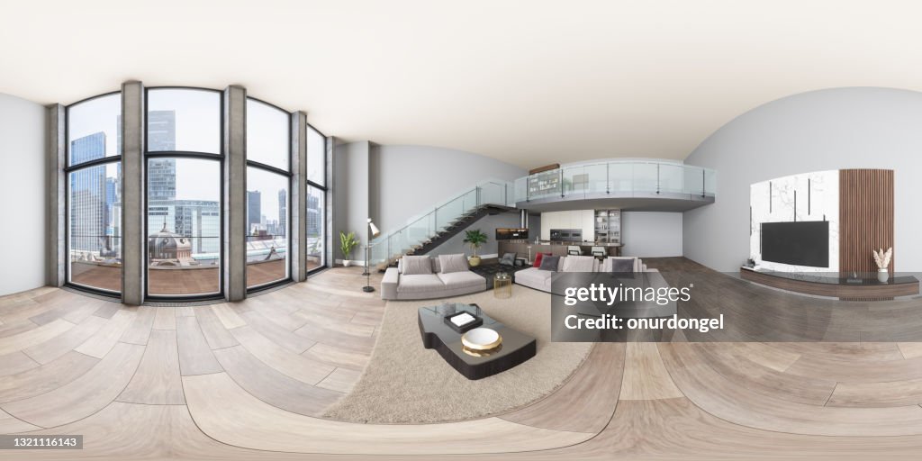 360 Equirectangulares Interior Panorámico de Villa Moderna con salón, cocina y escaleras