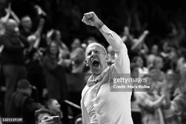 Brian Goorjian head coach of the Hawks celebrates victory during the round 21 NBL match between the Illawarra Hawks and the Perth Wildcats at WIN...
