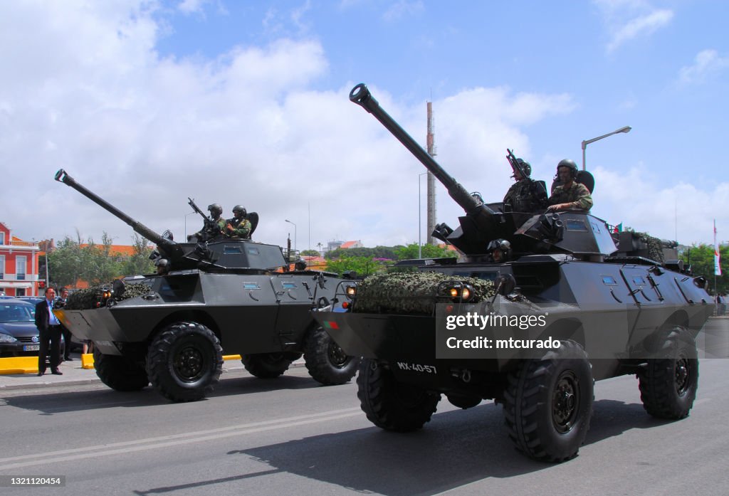 Commando V-150 reconnaissance vehicles, downtown Setubal, Portugal