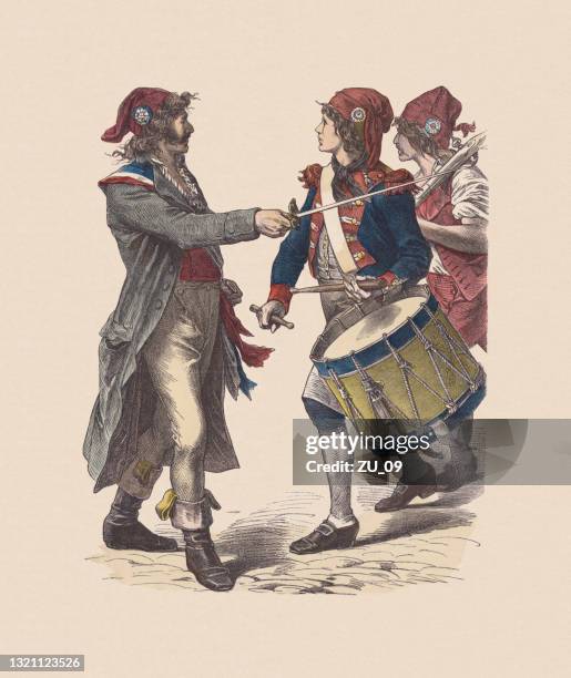 18th century, french revolution, hand-colored wood engraving, publisched ca. 1880 - french revolution stock illustrations