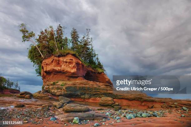 low angle view of rock formation against sky,bay of fundy,new brunswick,canada - new brunswick canada stockfoto's en -beelden