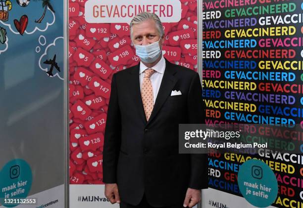 King Philippe of Belgium visits the Beringen and Tessenderlo Covid-19 vaccination center, which is housed in the power plant of the former coal mine...