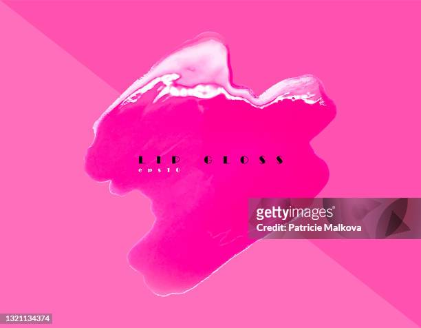 illustrazioni stock, clip art, cartoni animati e icone di tendenza di vector realistico rosa lucidalabbra sbavatura su sfondo colorato, sfondo amore, composizione cosmetica, composizione make up, pennellate rosa, sfondo estetista - rossetto rosso