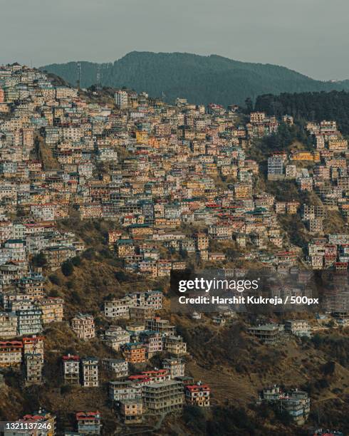 high angle view of townscape against sky,shimla,himachal pradesh,india - howse peak stock pictures, royalty-free photos & images