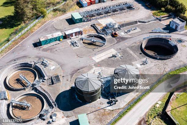 high angle view of waste treatment plant - water sewer stock pictures, royalty-free photos & images