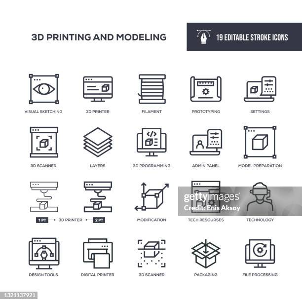ilustraciones, imágenes clip art, dibujos animados e iconos de stock de impresión 3d y modelado de iconos de línea de trazo editables - prototype