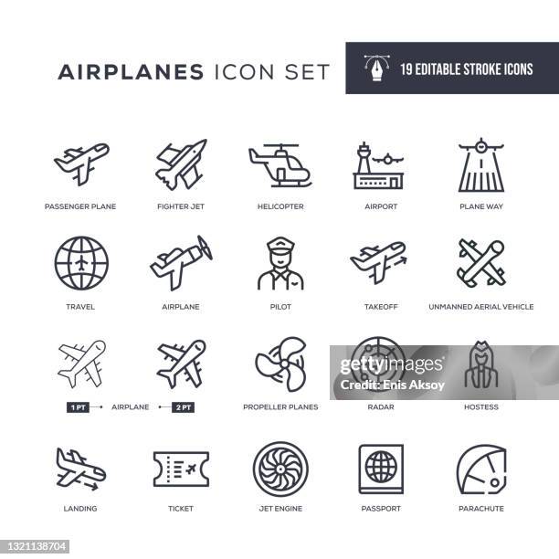 illustrations, cliparts, dessins animés et icônes de icônes de ligne de contour modifiables des avions - avion de chasse