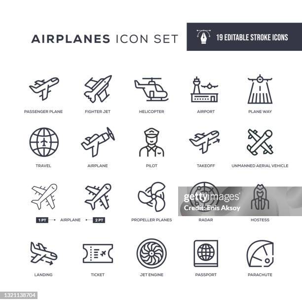 airplanes editable stroke line icons - airplane engine stock illustrations