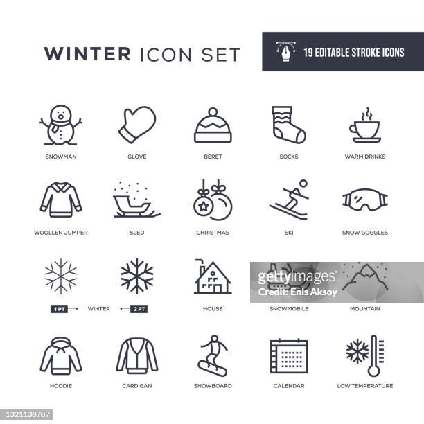 winter editierbare strichlinie icons - snowman stock-grafiken, -clipart, -cartoons und -symbole
