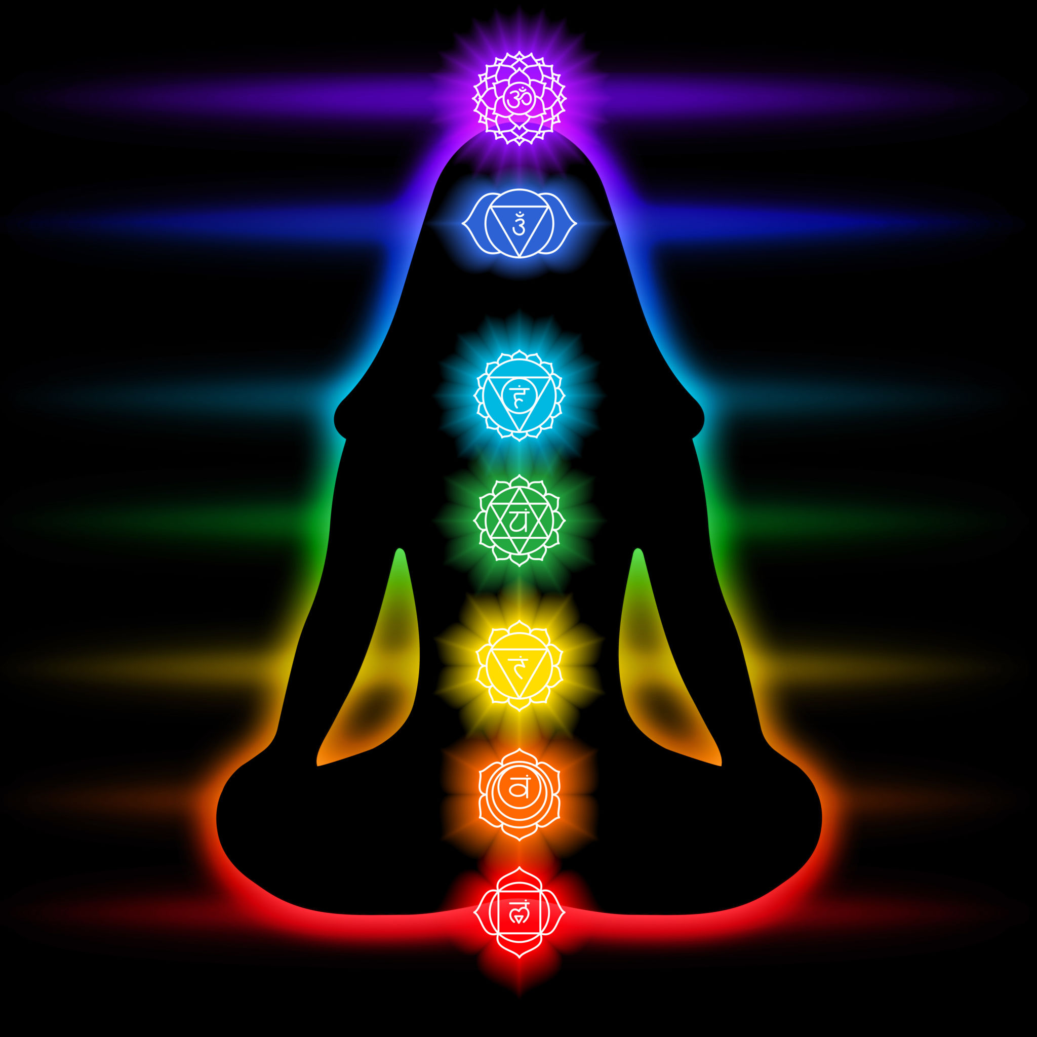 Chakras: muladhara, swadhisthana, manipura, anahata, vishuddha, ajna, sahasrara. Om sign. Silhouette of the woman in a lotus pose. Smoky circles. Sacral icons. Meditation symbols Chakras: muladhara, swadhisthana, manipura, anahata, vishuddha, ajna, sahasrara. Om sign. Silhouette of the woman in a lotus pose. Smoky circles. Sacral icons. Meditation symbols