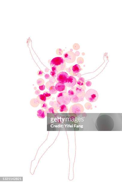 watercolour illustration of cheerful woman jumping for joy with arms raised - circle of heads stock pictures, royalty-free photos & images
