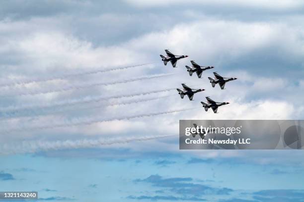 The US Air Force Thunderbirds take to the sky during today's Bethpage Air Show at Jones Beach in Wantagh, New York, on May 31, 2021.