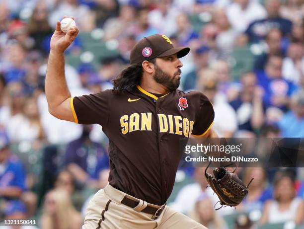 Nabil Crismatt of the San Diego Padres throws a pitch against the Chicago Cubs at Wrigley Field on May 31, 2021 in Chicago, Illinois.