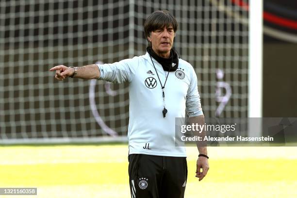 Joachim Löw, head coach of Germany reacts during a training session of the German national team at Tivoli Stadion on June 01, 2021 in Innsbruck,...