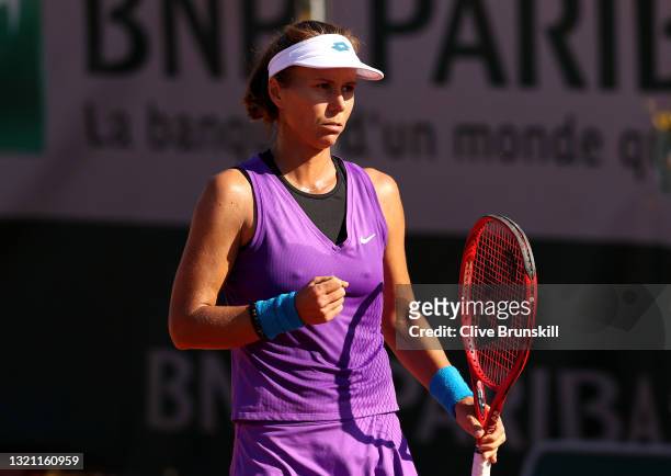 Varvara Lepchenko of The United States celebrates in their ladies first round match against Zhang Shuai of China during day three of the 2021 French...