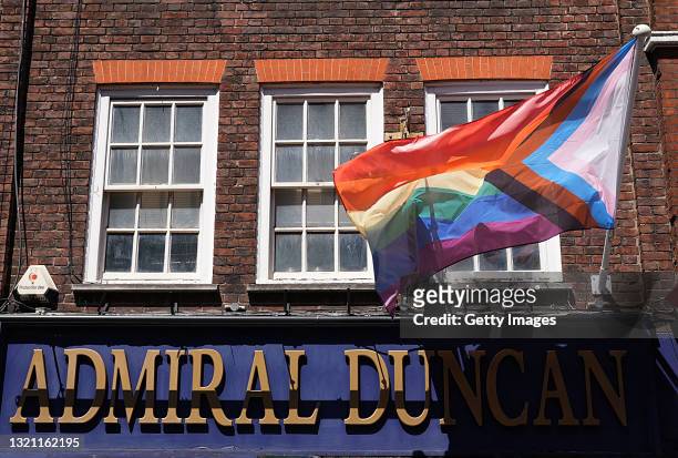 General view of the LGBTQIA+ flag outside the Admiral Duncan pub during UK Pride Month 2021 on June 01, 2021 in London, United Kingdom. June marks...