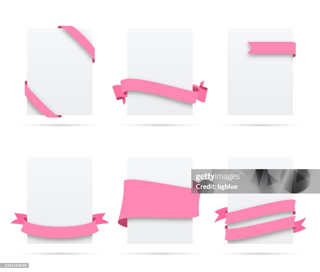 Set Of Pink Ribbons On Blank White Labels Design Elements High-Res ...